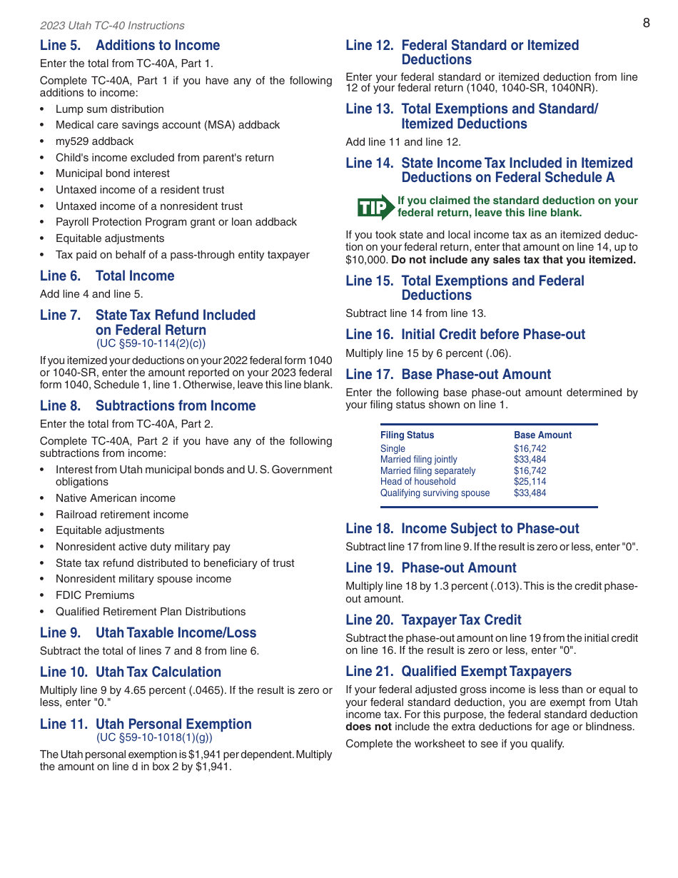 Instructions for Form TC-40 Utah Individual Income Tax - Utah, Page 10