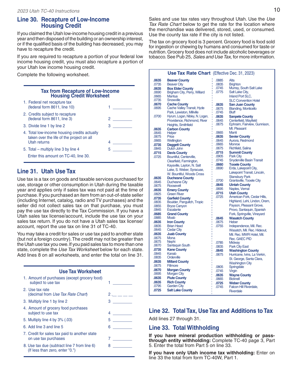 Instructions for Form TC-40 Utah Individual Income Tax - Utah, Page 12