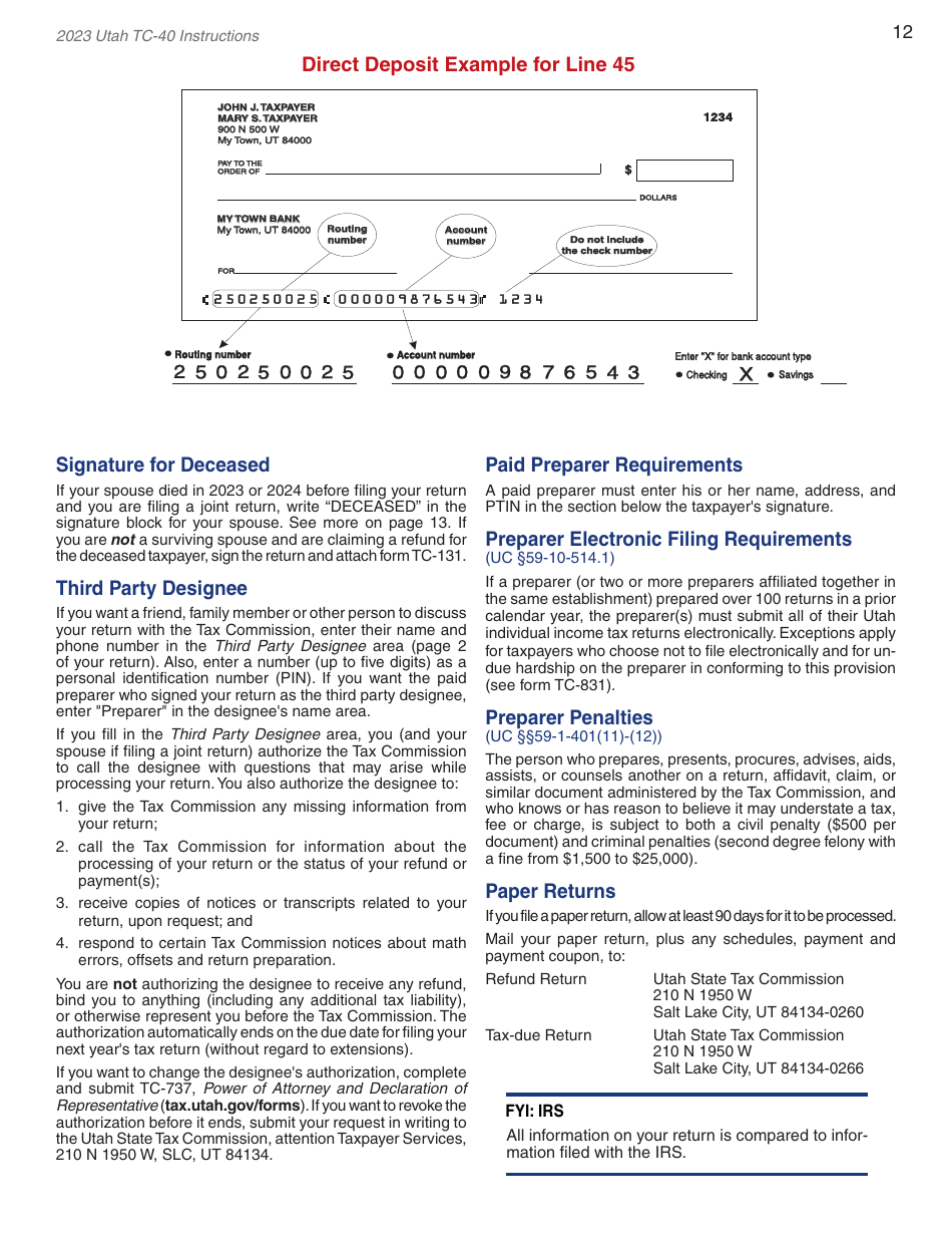 Instructions for Form TC-40 Utah Individual Income Tax - Utah, Page 14