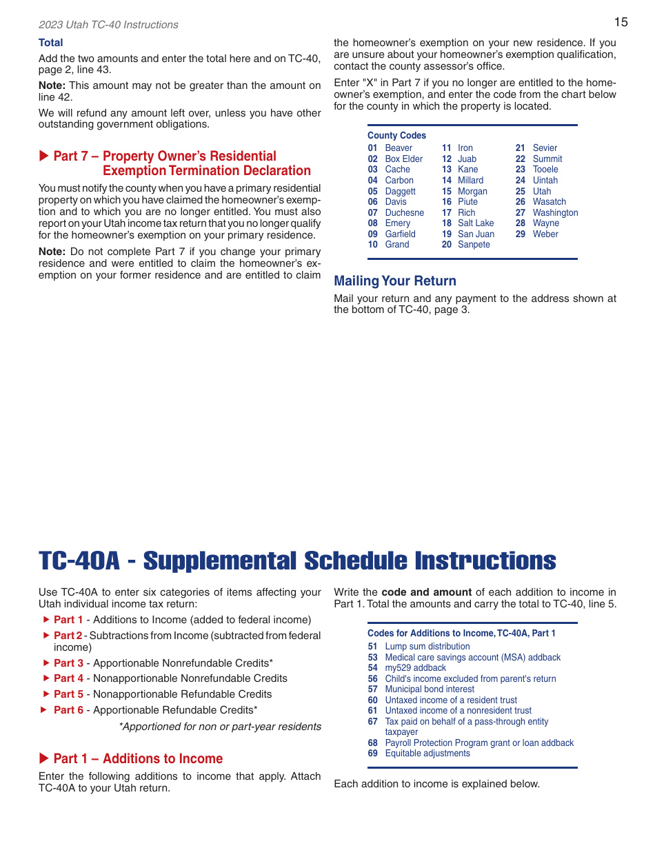 Instructions for Form TC-40 Utah Individual Income Tax - Utah, Page 17