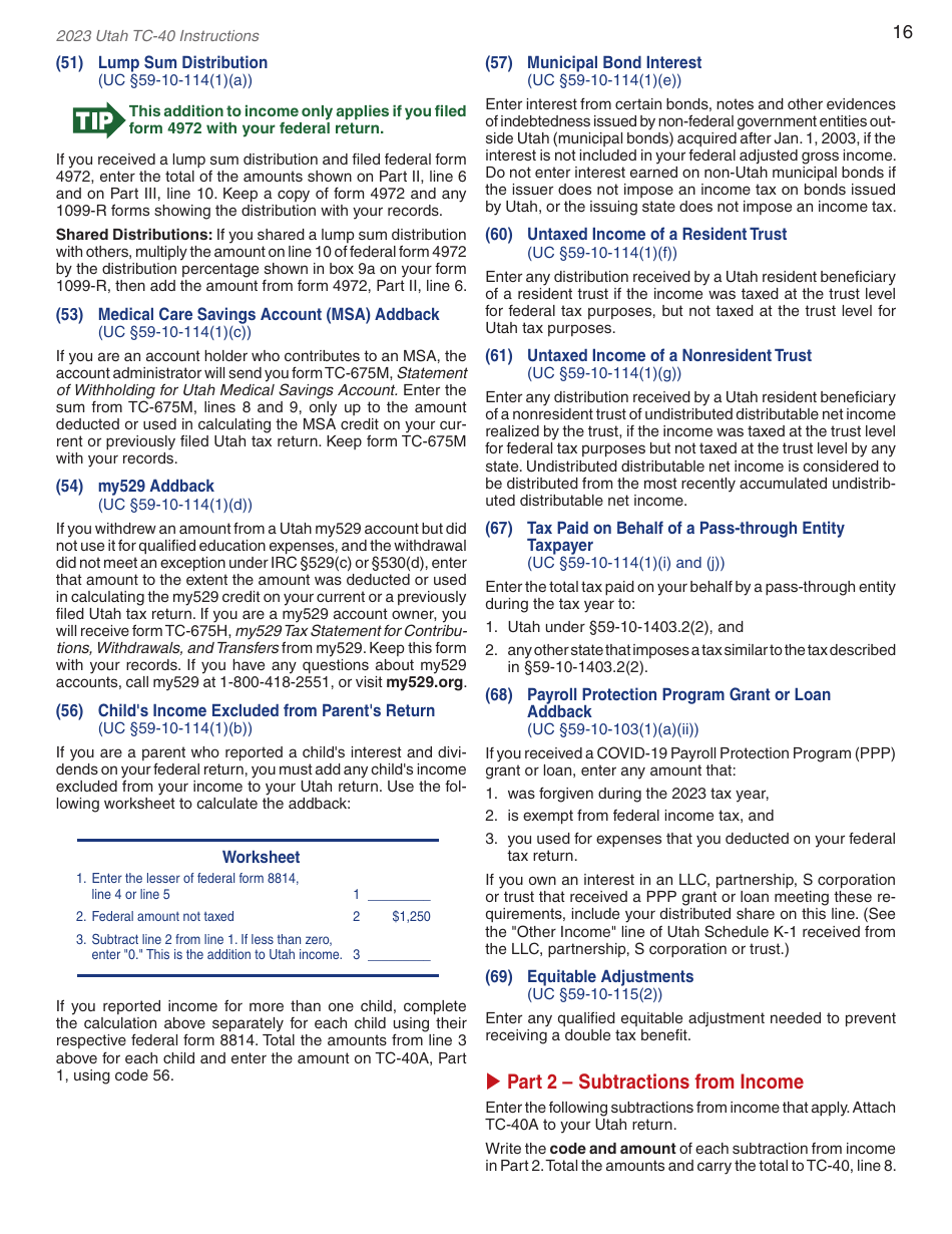Instructions for Form TC-40 Utah Individual Income Tax - Utah, Page 18