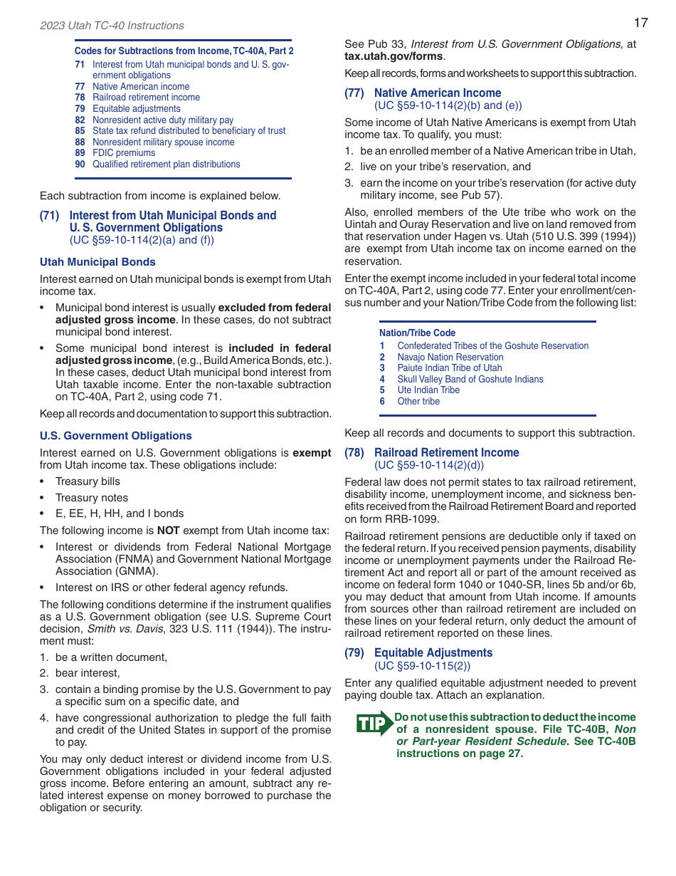 Instructions for Form TC-40 Utah Individual Income Tax - Utah, Page 19