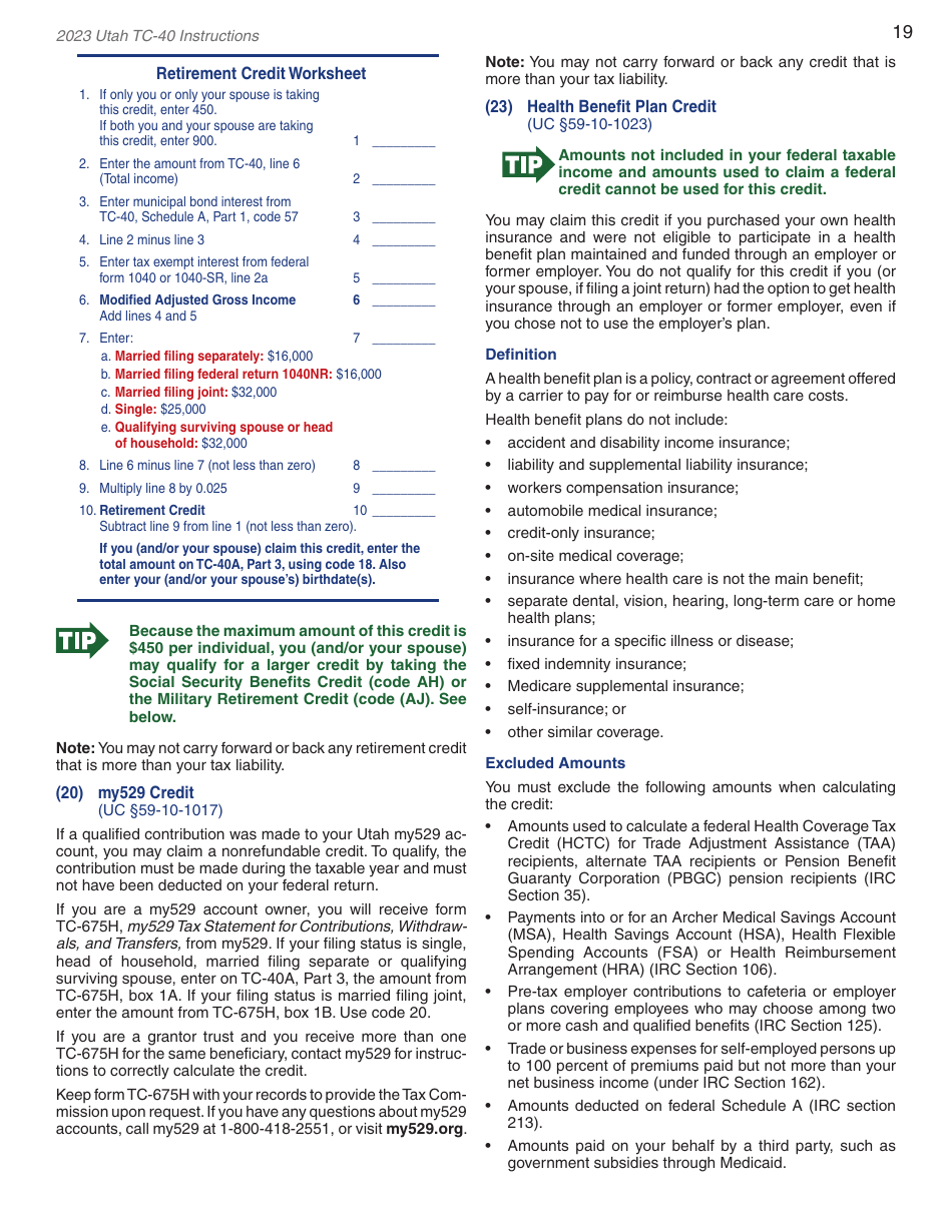 Instructions for Form TC-40 Utah Individual Income Tax - Utah, Page 21