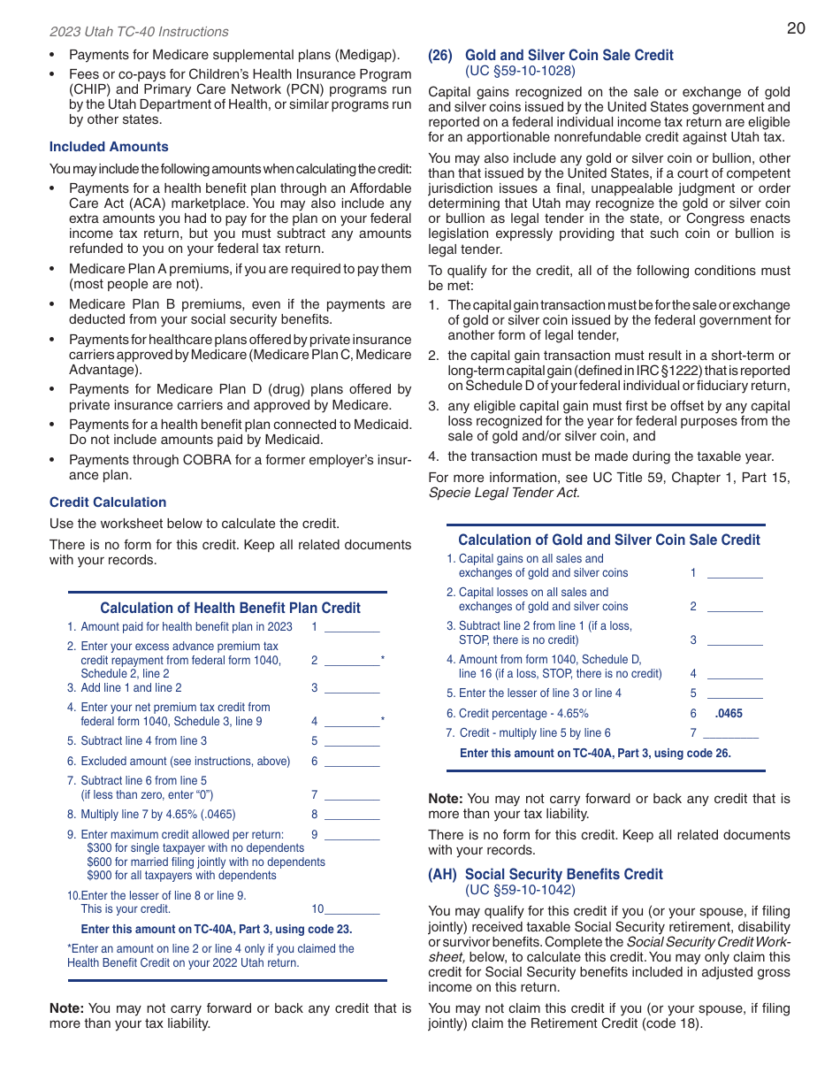 Instructions for Form TC-40 Utah Individual Income Tax - Utah, Page 22