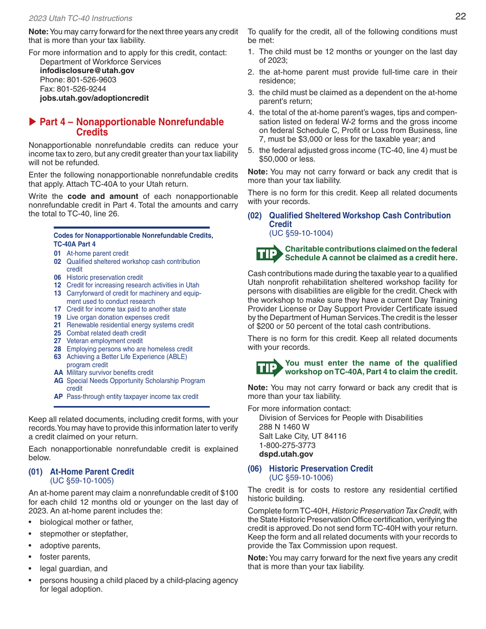 Instructions for Form TC-40 Utah Individual Income Tax - Utah, Page 24