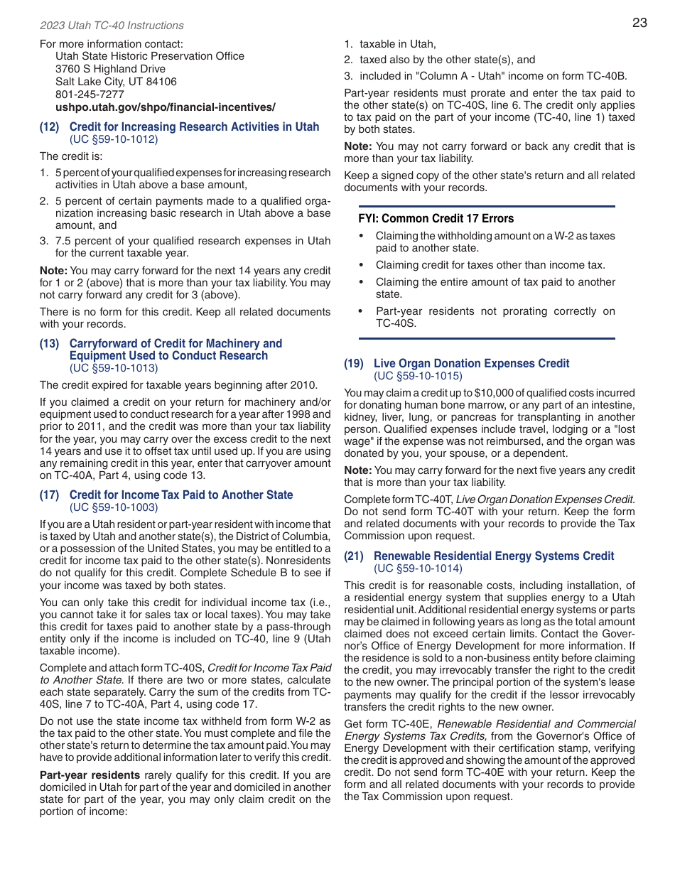 Instructions for Form TC-40 Utah Individual Income Tax - Utah, Page 25
