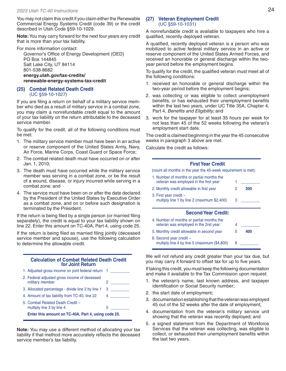 Instructions for Form TC-40 Utah Individual Income Tax - Utah, Page 26