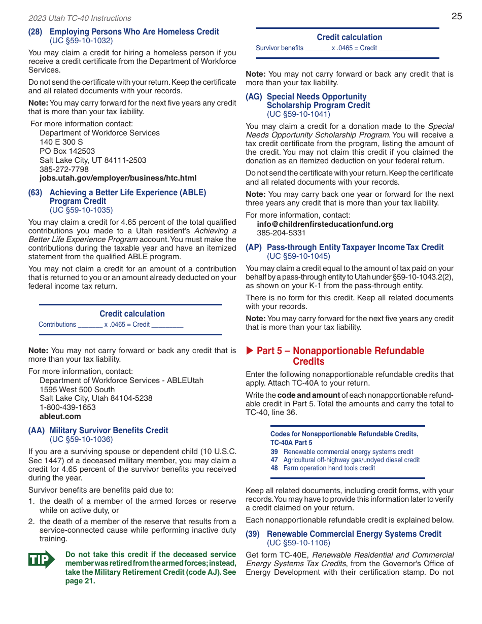 Instructions for Form TC-40 Utah Individual Income Tax - Utah, Page 27