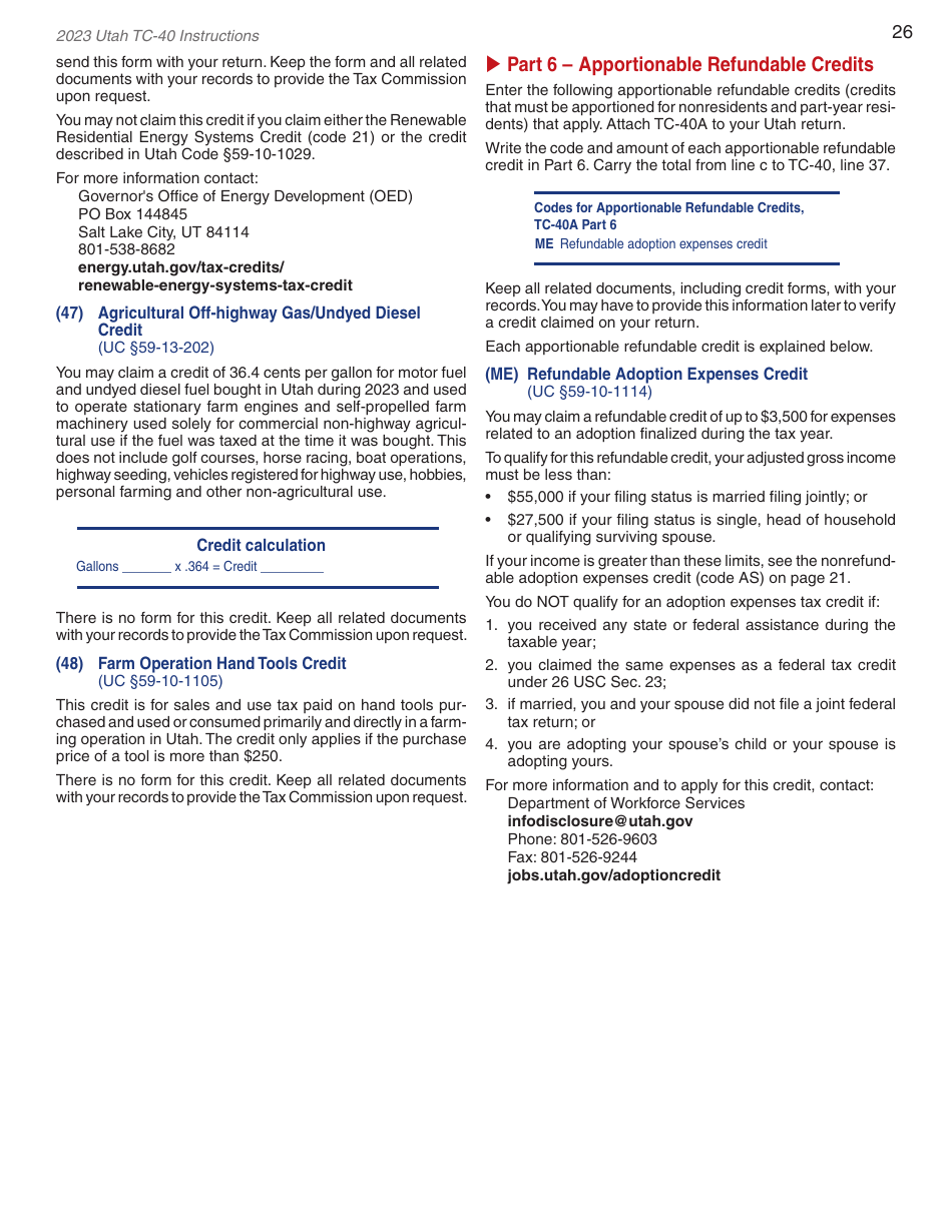 Instructions for Form TC-40 Utah Individual Income Tax - Utah, Page 28