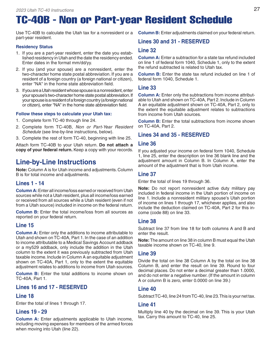 Instructions for Form TC-40 Utah Individual Income Tax - Utah, Page 29