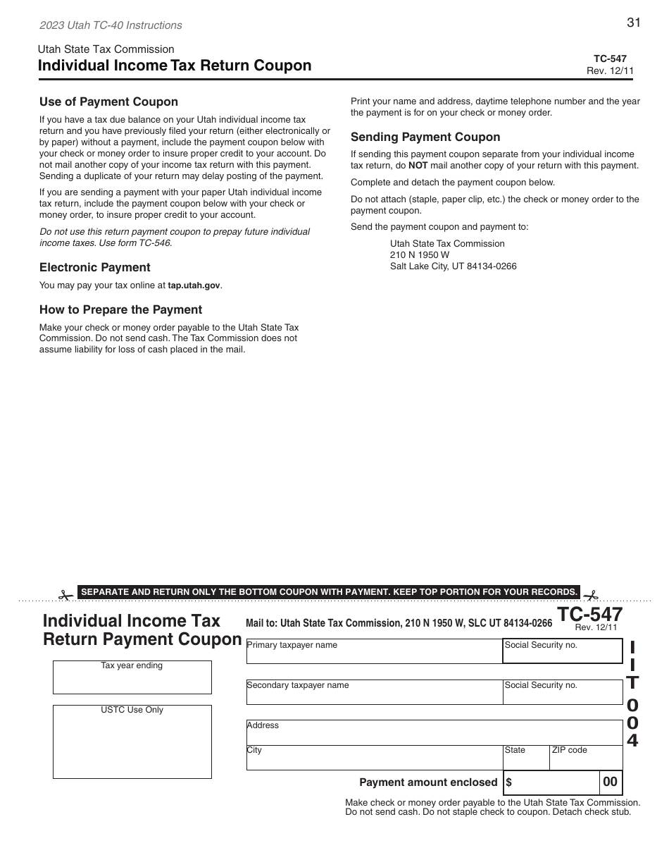 Instructions for Form TC-40 Utah Individual Income Tax - Utah, Page 33