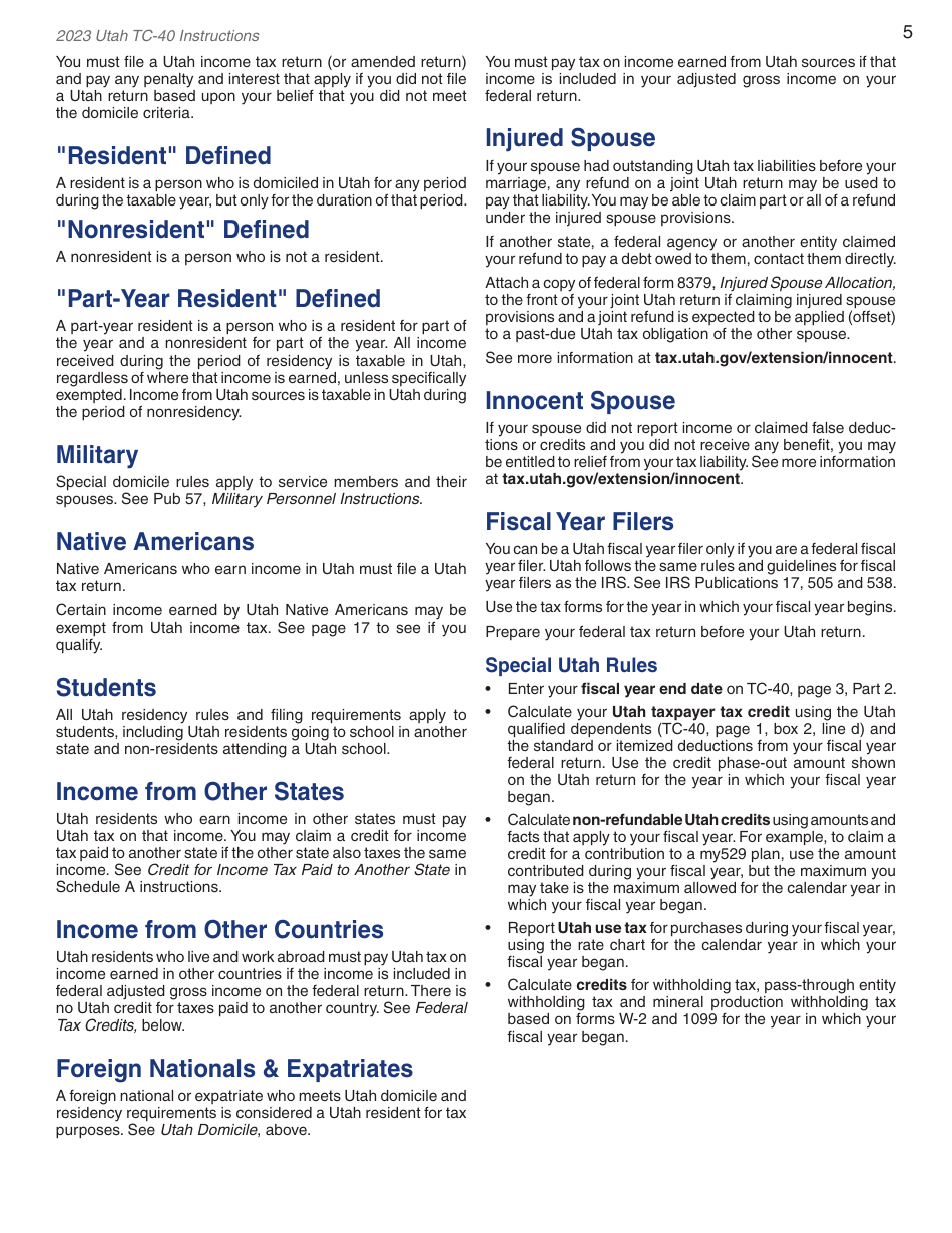 Instructions for Form TC-40 Utah Individual Income Tax - Utah, Page 7