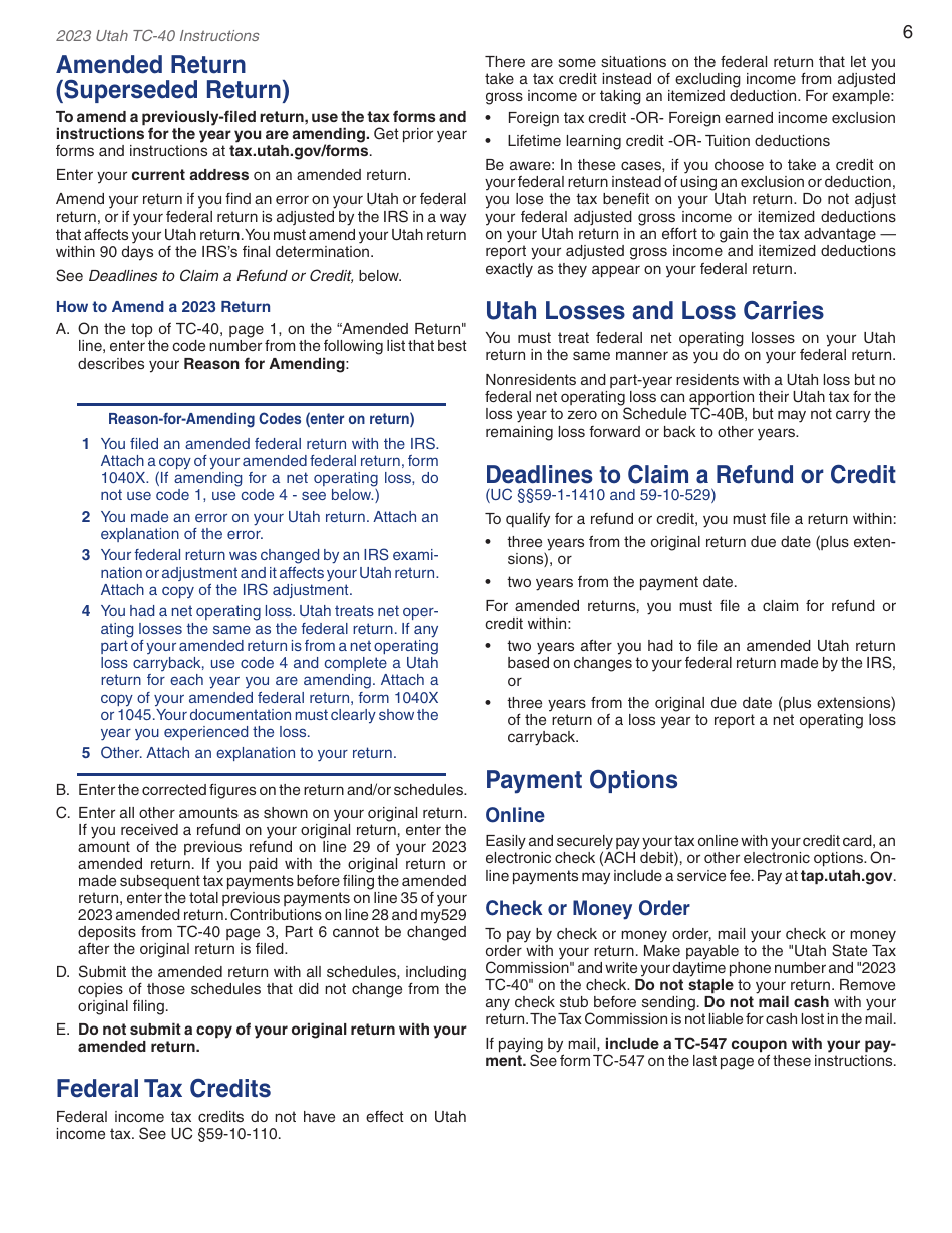 Instructions for Form TC-40 Utah Individual Income Tax - Utah, Page 8