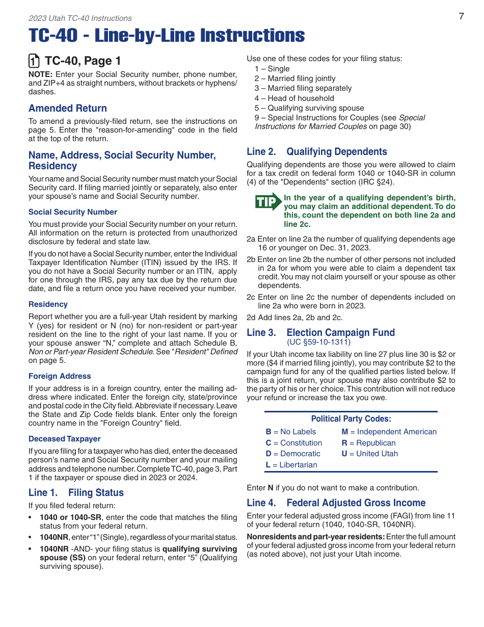 Instructions for Form TC-40 Utah Individual Income Tax - Utah, Page 9