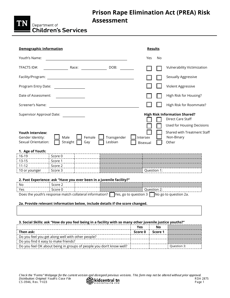 Form CS-0946 Prison Rape Elimination Act (Prea) Risk Assessment - Tennessee, Page 1