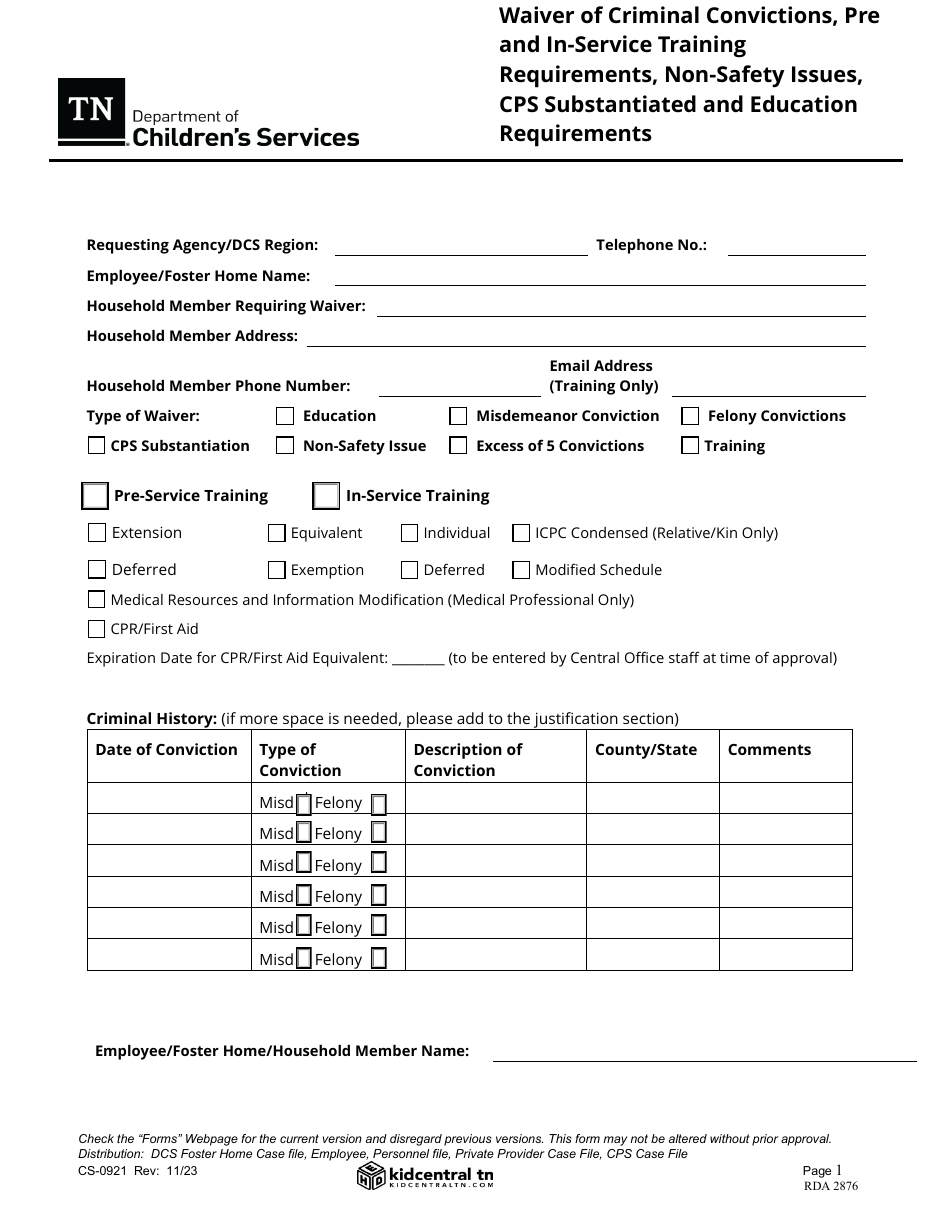 Form CS-0921 Waiver of Criminal Convictions, Pre and In-Service Training Requirements, Non-safety Issues, Cps Substantiated and Education Requirements - Tennessee, Page 1