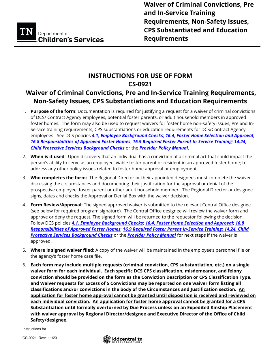 Form CS-0921 Waiver of Criminal Convictions, Pre and In-Service Training Requirements, Non-safety Issues, Cps Substantiated and Education Requirements - Tennessee, Page 4