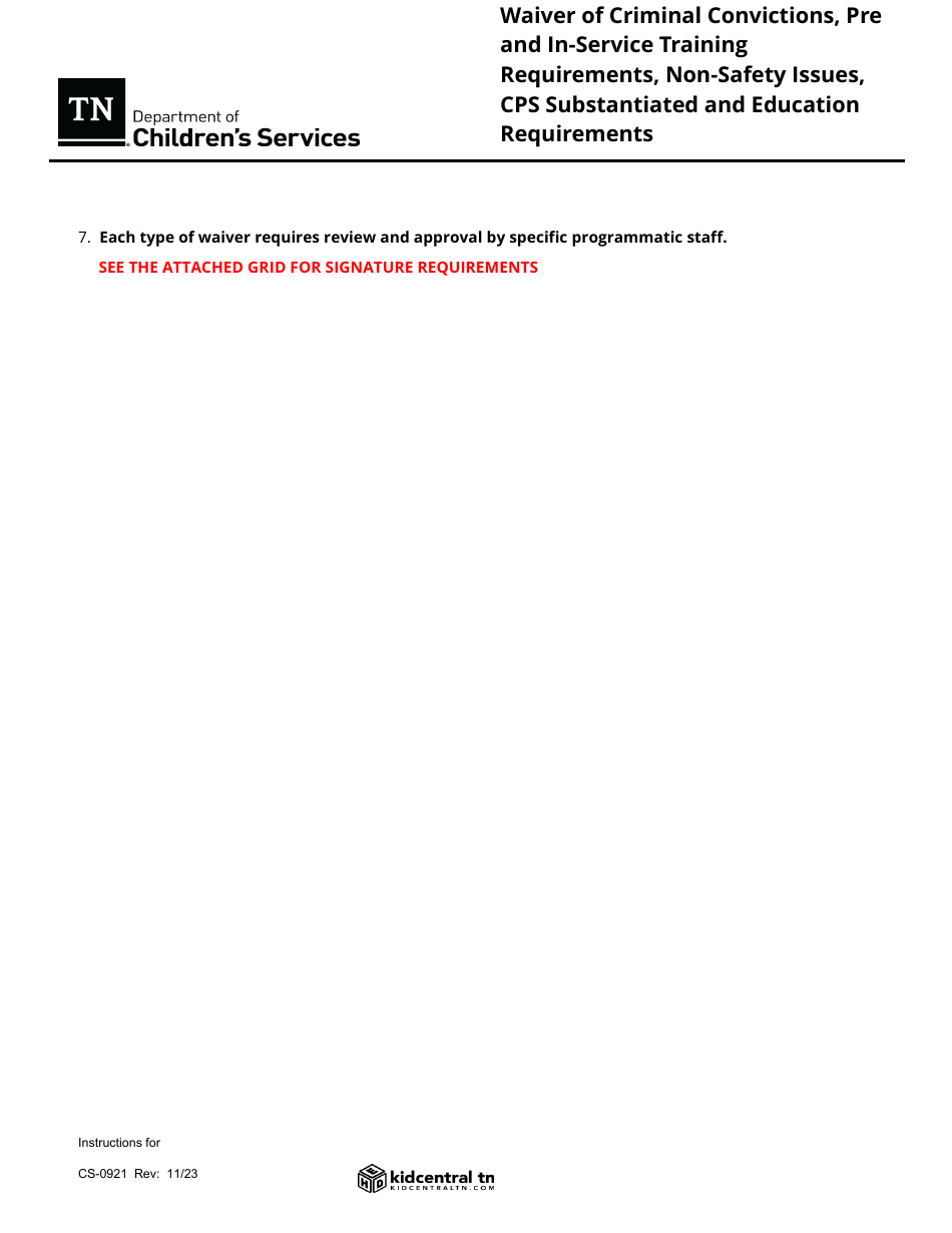 Form CS-0921 Waiver of Criminal Convictions, Pre and In-Service Training Requirements, Non-safety Issues, Cps Substantiated and Education Requirements - Tennessee, Page 5