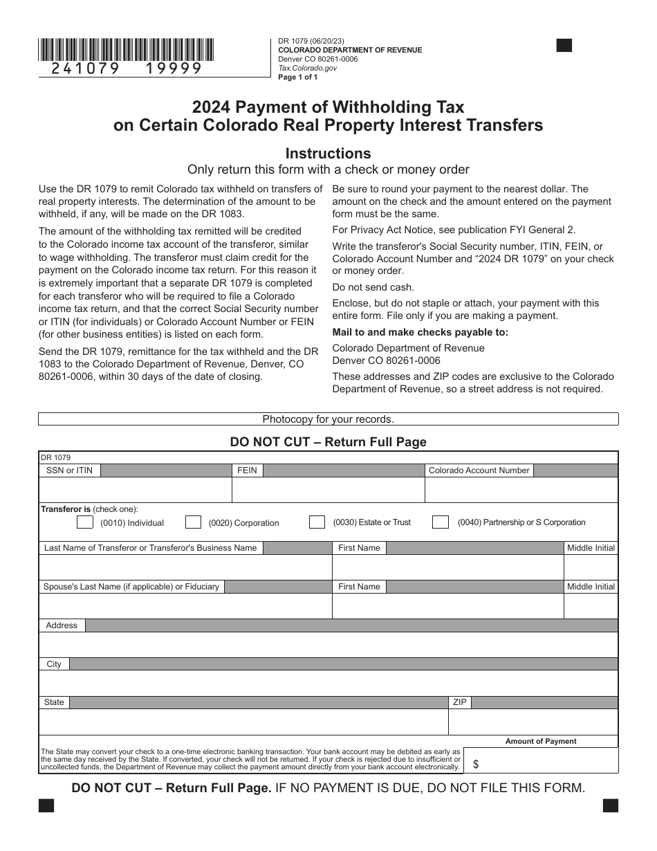 Form DR1079 Payment of Withholding Tax on Certain Colorado Real Property Interest Transfers - Colorado, Page 1