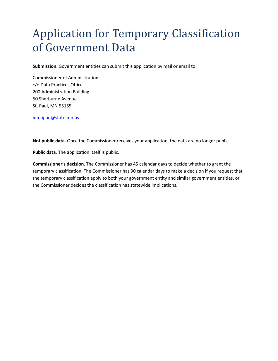 Application for Temporary Classification of Government Data - Minnesota, Page 1
