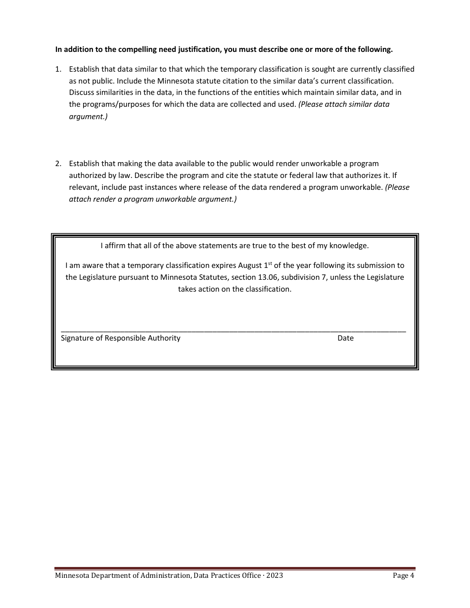 Application for Temporary Classification of Government Data - Minnesota, Page 4