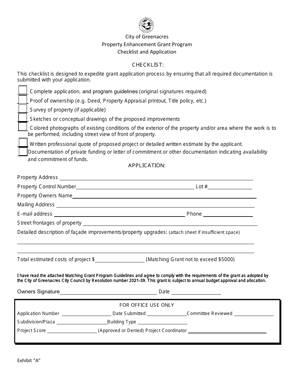 Exhibit A Property Enhancement Grant Program Checklist and Application - City of Greenacres, Florida, Page 1