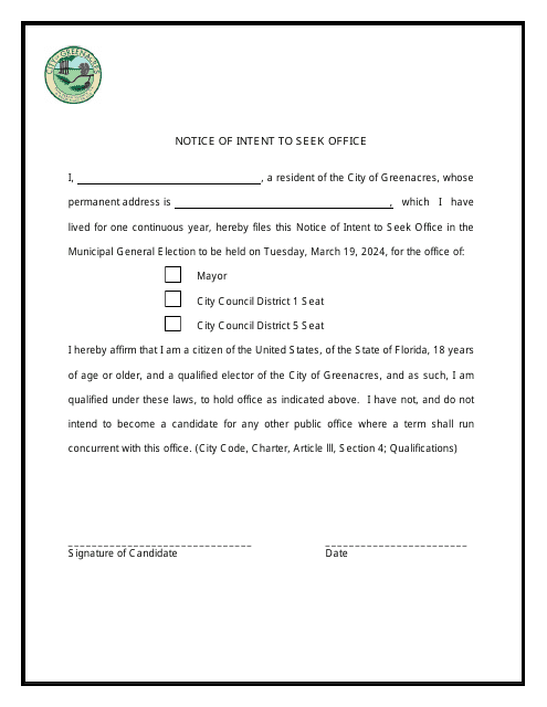 Notice of Intent to Seek Office - City of Greenacres, Florida Download Pdf