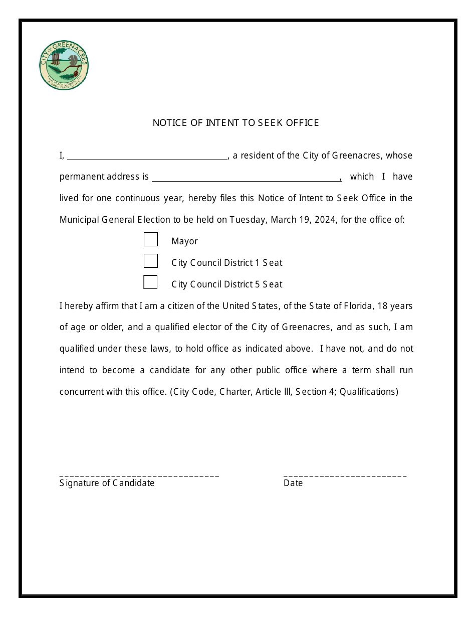Notice of Intent to Seek Office - City of Greenacres, Florida, Page 1