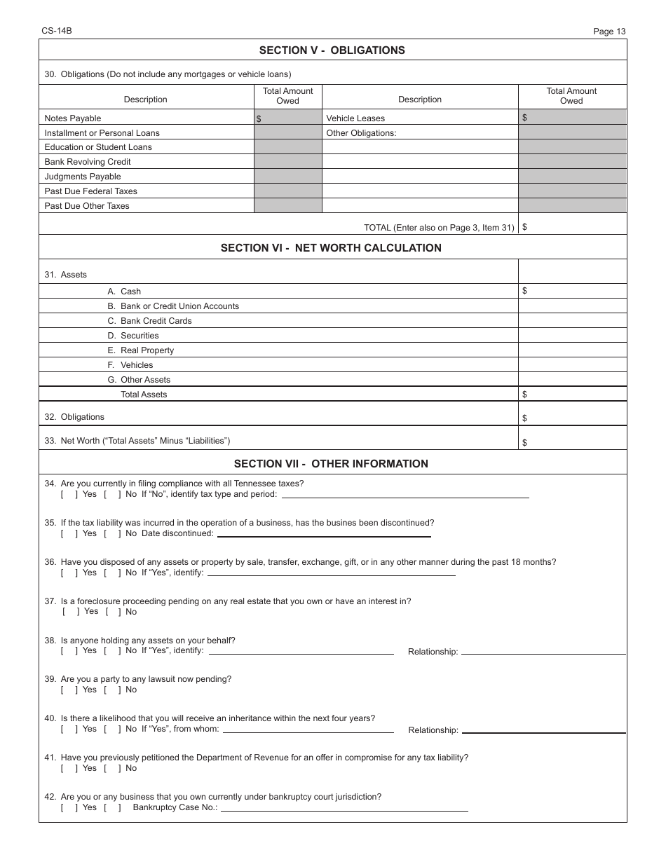 Form RV-F0200501 Offer in Compromise Application - Tennessee, Page 13