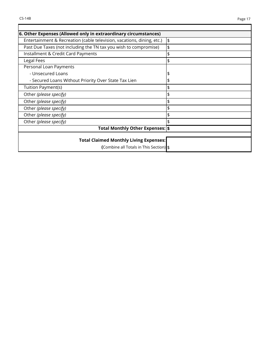 Form RV-F0200501 Offer in Compromise Application - Tennessee, Page 17
