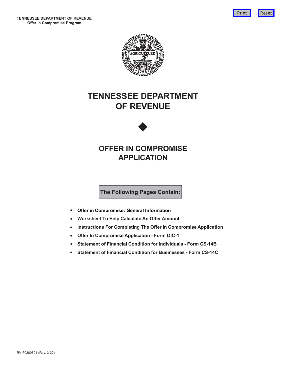 Form RV-F0200501 Offer in Compromise Application - Tennessee, Page 1