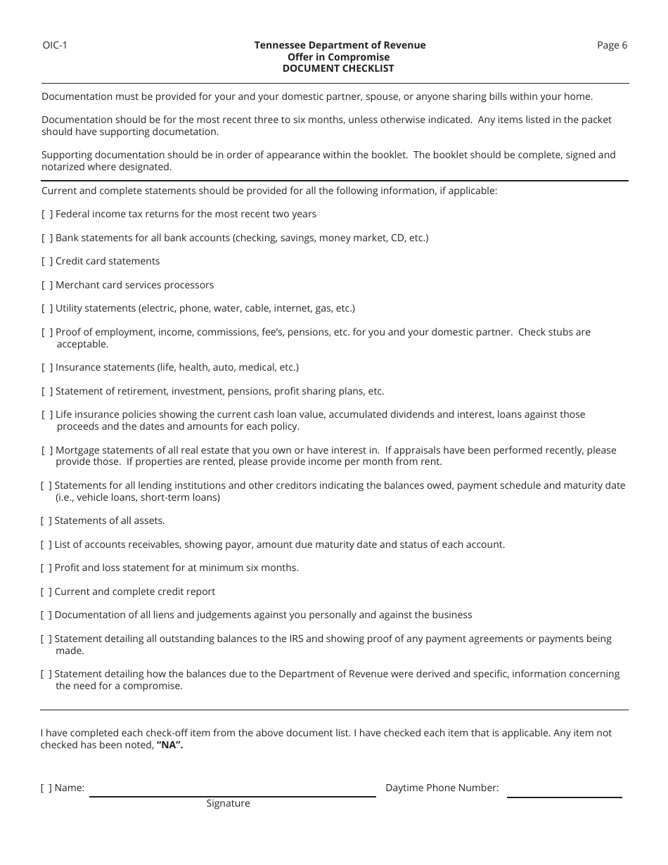 Form RV-F0200501 Offer in Compromise Application - Tennessee, Page 6