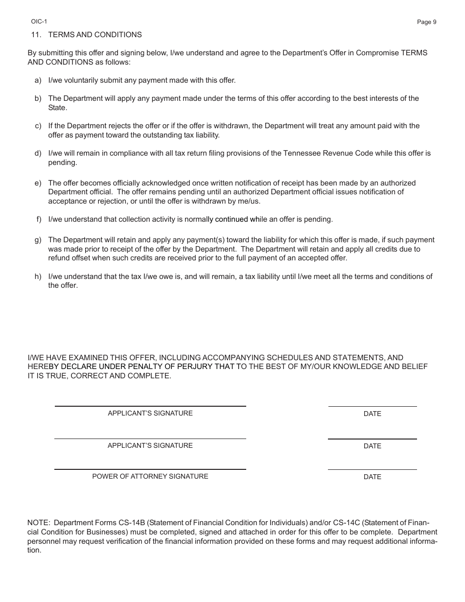 Form RV-F0200501 Offer in Compromise Application - Tennessee, Page 9