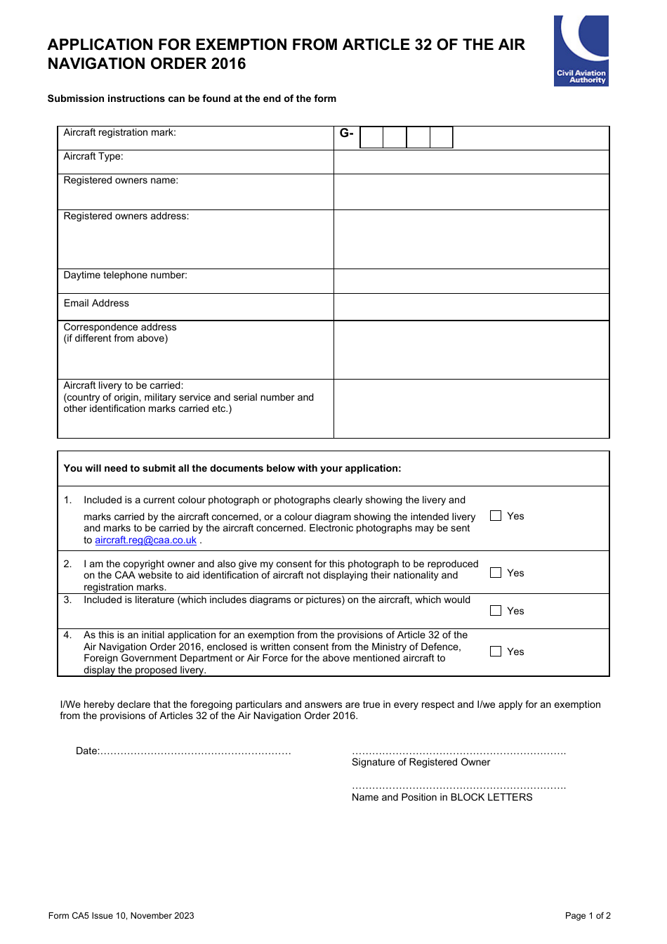 Form CA5 Application for Exemption From Article 32 of the Air Navigation Order 2016 - United Kingdom, Page 1