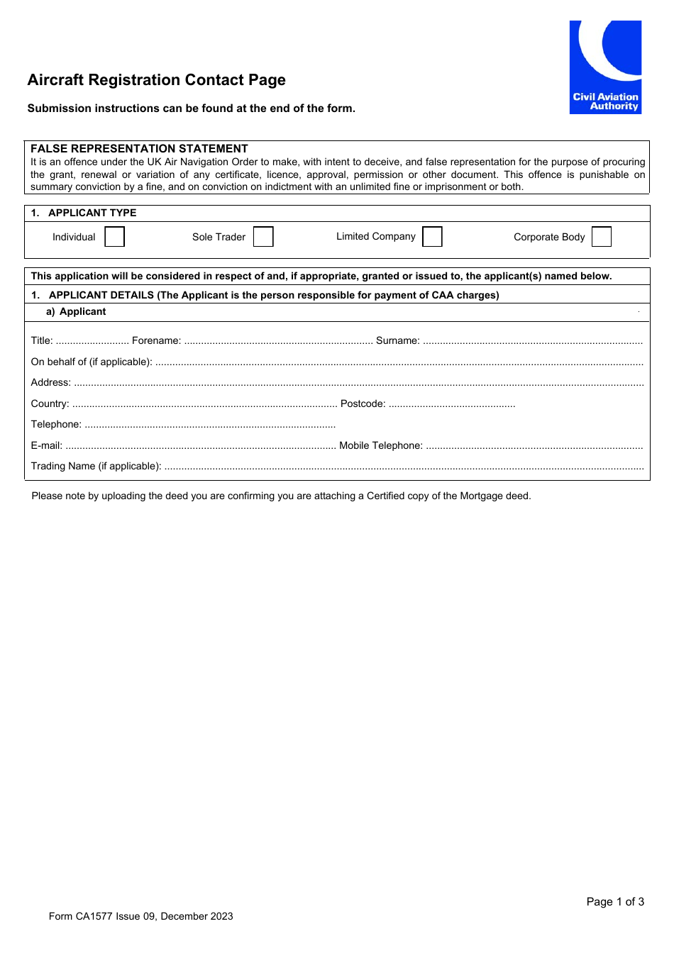 Form CA1577 Aircraft Registration Contact Page - United Kingdom, Page 1