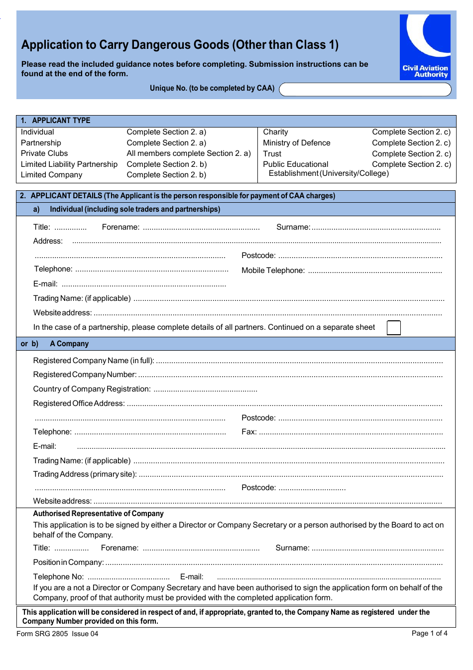 Form SRG2805 Application to Carry Dangerous Goods (Other Than Class 1) - United Kingdom, Page 1