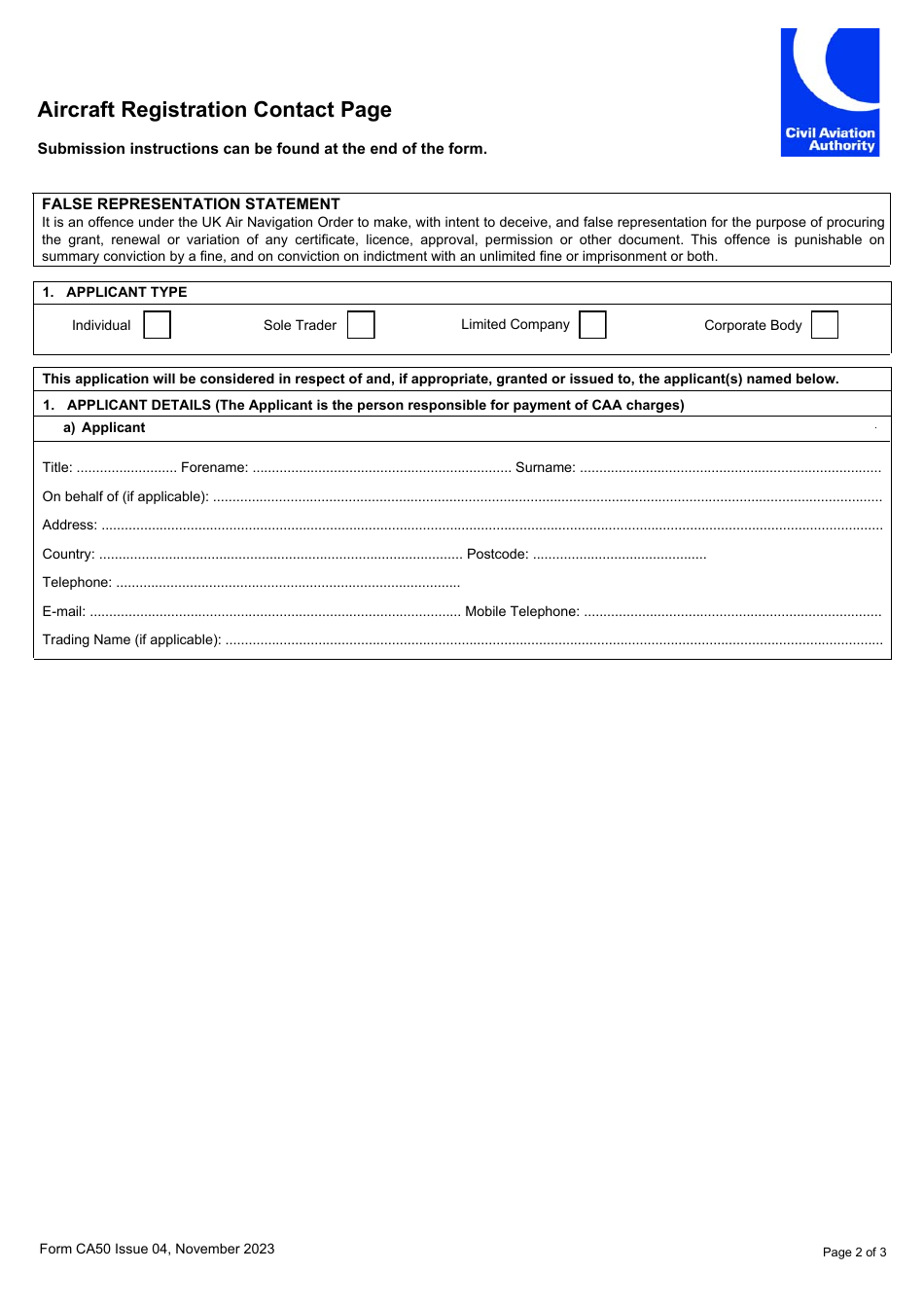 Form CA50 Aircraft Registration Contact Page - United Kingdom, Page 1