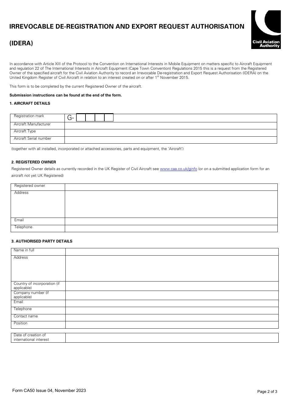 Form CA50 Aircraft Registration Contact Page - United Kingdom, Page 2