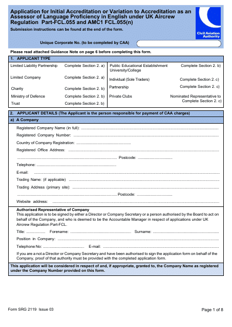 Form SRG2119 Application for Initial Accreditation or Variation to Accreditation as an Assessor of Language Proficiency in English Under UK Aircrew Regulation Part-Fcl.055 and Amc1 Fcl.055(N) - United Kingdom