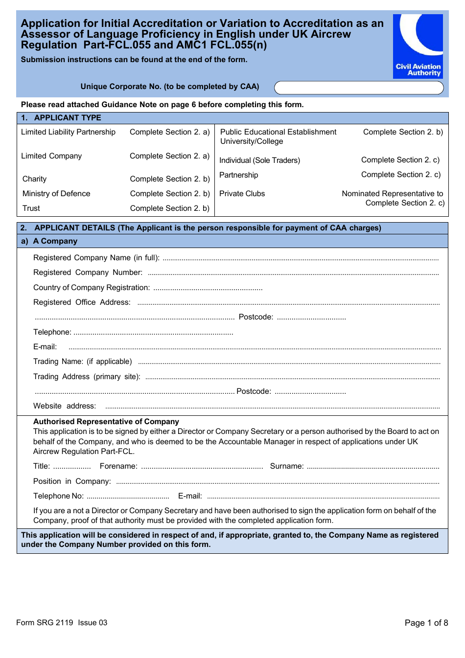 Form SRG2119 Application for Initial Accreditation or Variation to Accreditation as an Assessor of Language Proficiency in English Under UK Aircrew Regulation Part-Fcl.055 and Amc1 Fcl.055(N) - United Kingdom, Page 1