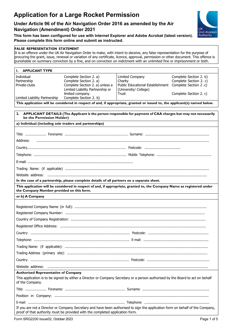 Form SRG2200 Application for a Large Rocket Permission Under Article 96 of the Air Navigation Order 2016 as Amended by the Air Navigation (Amendment) Order 2021 - United Kingdom, Page 1