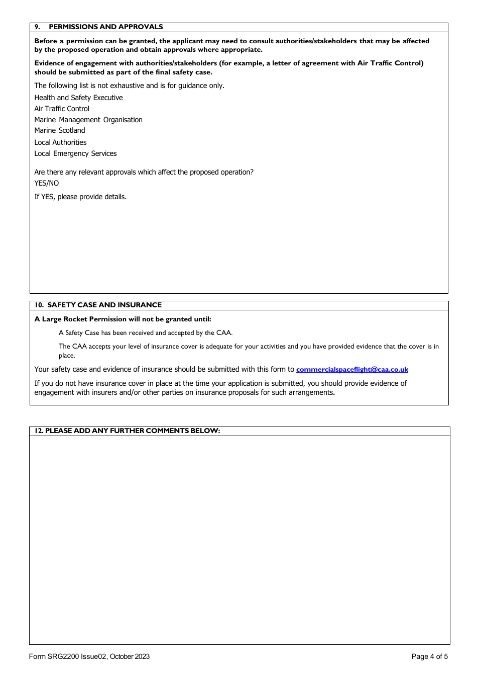 Form SRG2200 Application for a Large Rocket Permission Under Article 96 of the Air Navigation Order 2016 as Amended by the Air Navigation (Amendment) Order 2021 - United Kingdom, Page 4