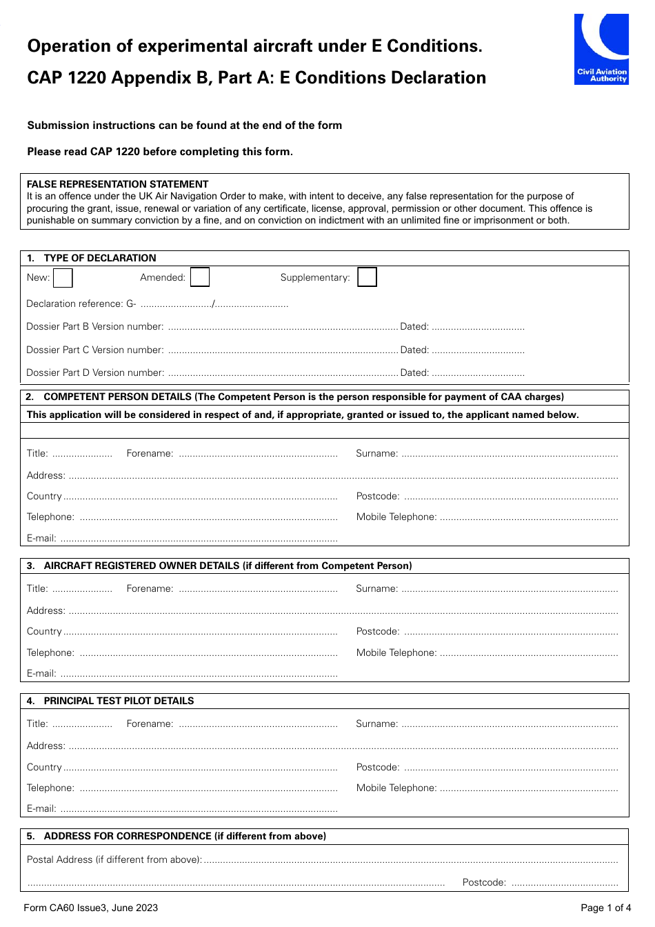 Form CA60 Operation of Experimental Aircraft Under E Conditions - CAP 1220 Appendix B, Part a: E Conditions Declaration - United Kingdom, Page 1