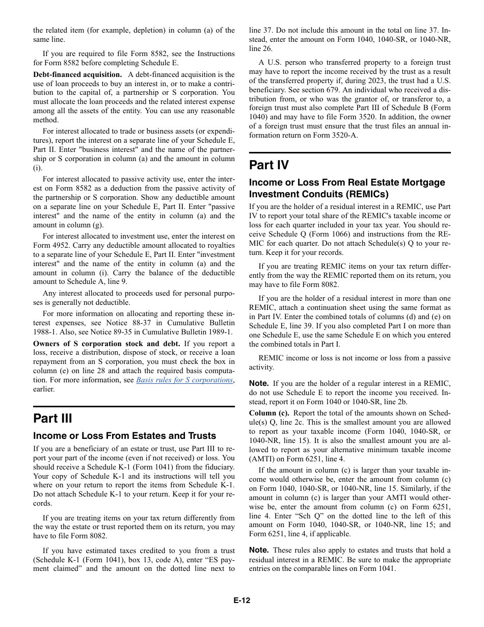 Instructions for IRS Form 1040 Schedule E Supplemental Income and Loss, Page 12