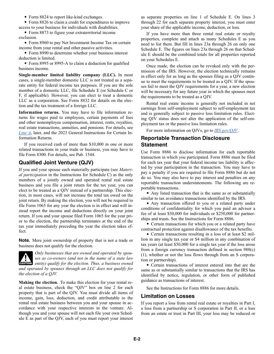 Instructions for IRS Form 1040 Schedule E Supplemental Income and Loss, Page 2