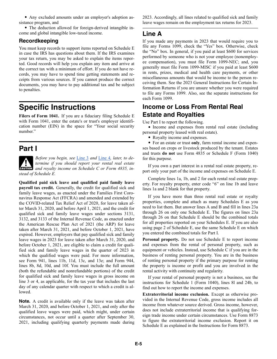 Instructions for IRS Form 1040 Schedule E Supplemental Income and Loss, Page 5