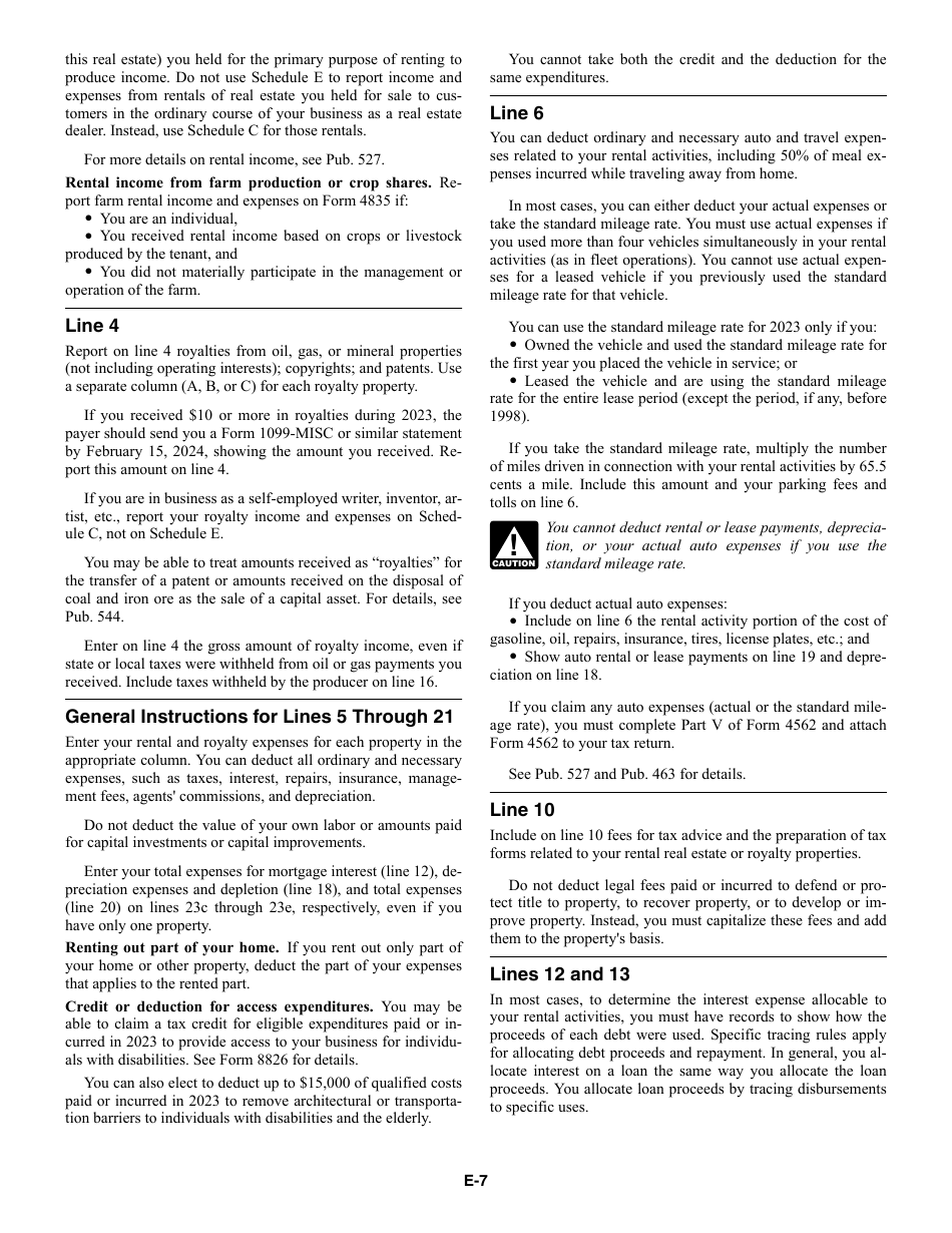 Instructions for IRS Form 1040 Schedule E Supplemental Income and Loss, Page 7