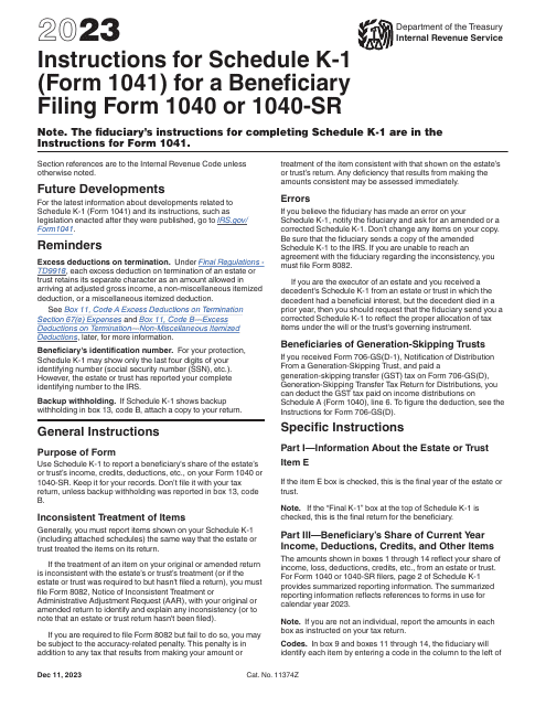 Instructions for IRS Form 1041 Schedule K-1 Beneficiary's Share of Income, Deductions, Credits, Etc., 2023