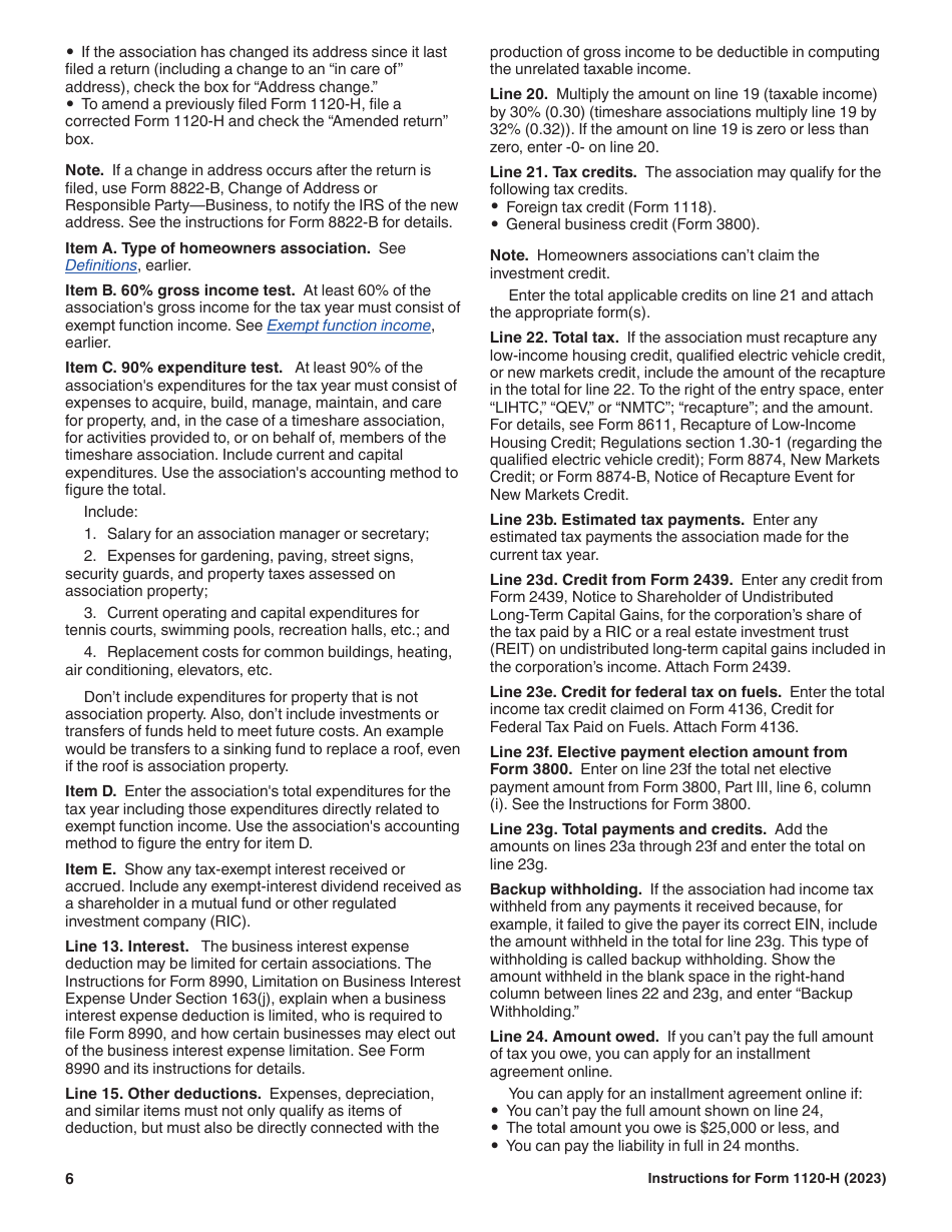 Instructions for IRS Form 1120-H U.S. Income Tax Return for Homeowners Associations, Page 6