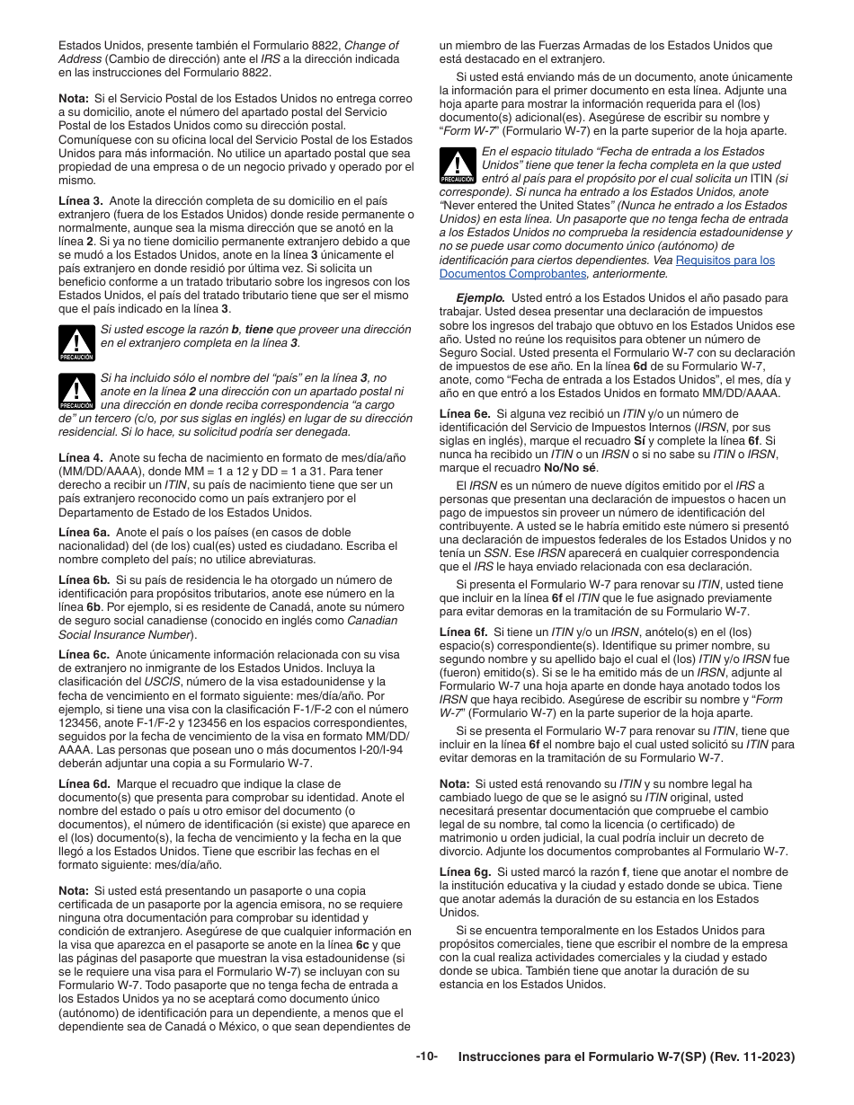 Instrucciones para IRS Formulario W-7 (SP) Solicitud De Numero De Identificacion Personal Del Contribuyente Del Servicio De Impuestos Internos (Spanish), Page 10